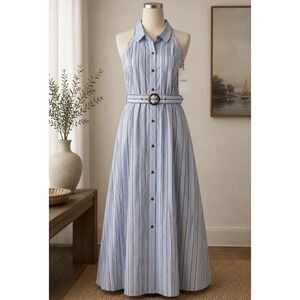 Sperry Mommy & Me Striped Cotton Dress Large NWT Belted Pleated With Necklace
